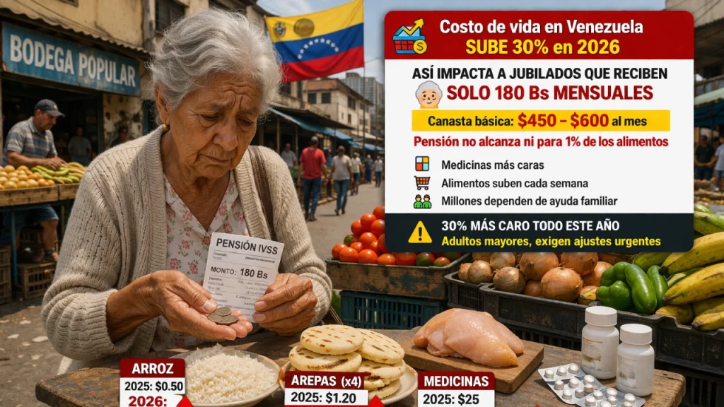 Costo de vida en Venezuela sube 30% en 2026: así impacta a jubilados que reciben solo 180 Bs mensuales