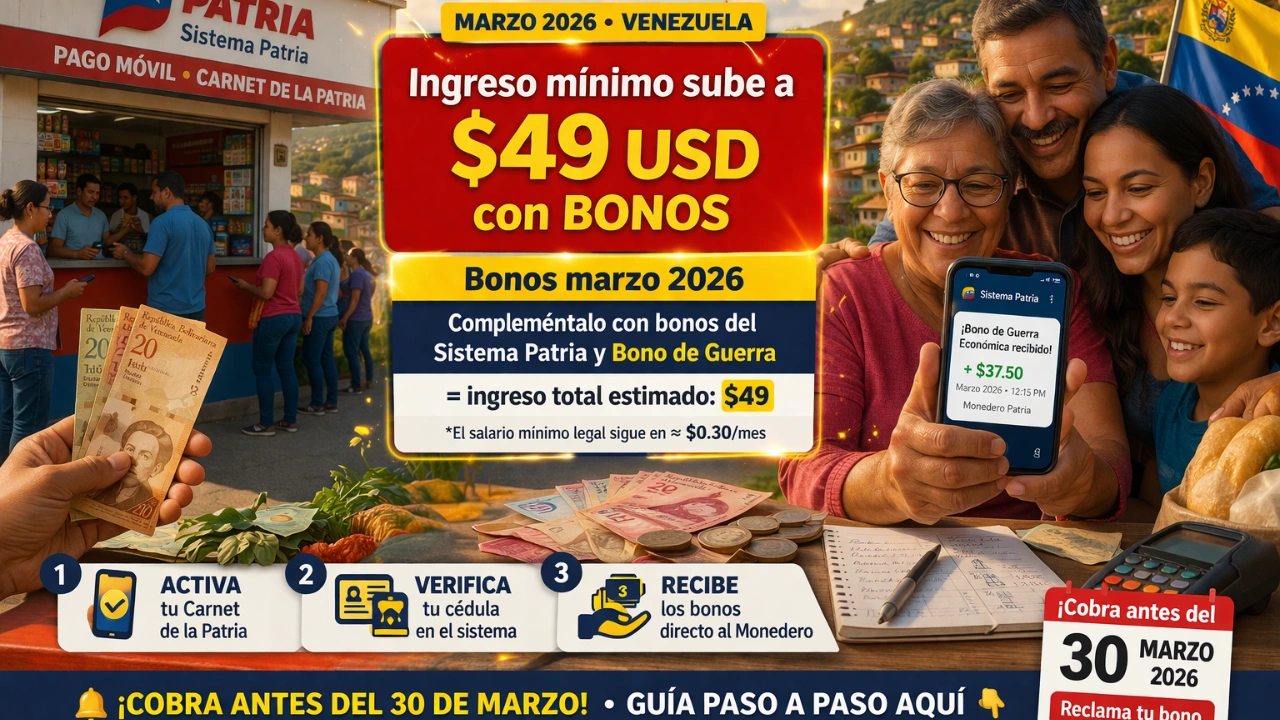 Ingreso mínimo en Venezuela sube hasta $49 con bonos en marzo 2026: guía completa para cobrarlo antes del 30 de marzo
