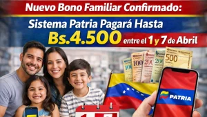 Nuevo Bono Familiar Confirmado: Sistema Patria Pagará Hasta Bs.4.500 entre el 1 y 7 de Abril